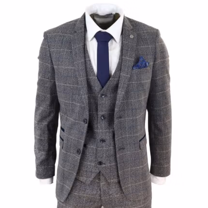 Mens Grey Check 3 Piece Suit Herringbone Tweed Vintage Tailored Fit Blue Velvet - Knighthood Store