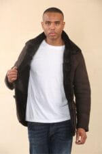 Men's Brown Shearling Sheepskin Car Coat - Image 4