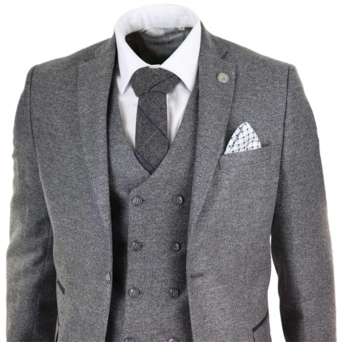 Abito da uomo in lana grigia, 3 pezzi, gilet doppiopetto, tweed, anni '20 - Knighthood Store