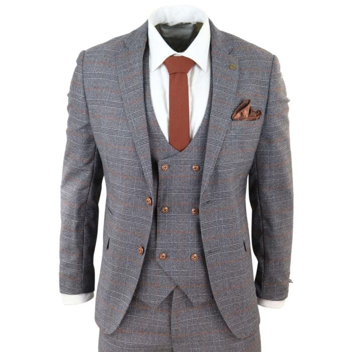 Traje de tweed gris de tres piezas, cuadros Príncipe de Gales, corte entallado y chaleco cruzado - Knighthood Store