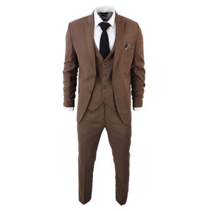 Men's Classic Brown Suit 3 Piece Tailored Fit Vintage Office Wedding Prom - Knighthood Store