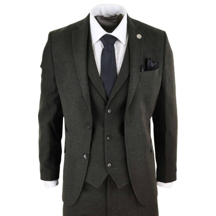 Abito da uomo in lana 3 pezzi, tweed, verde oliva e nero, vestibilità classica su misura - Knighthood Store