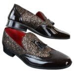 Scarpe eleganti da uomo con nappe lucide, da festa, in pelle verniciata, rosso argento, nero oro - Knighthood Store