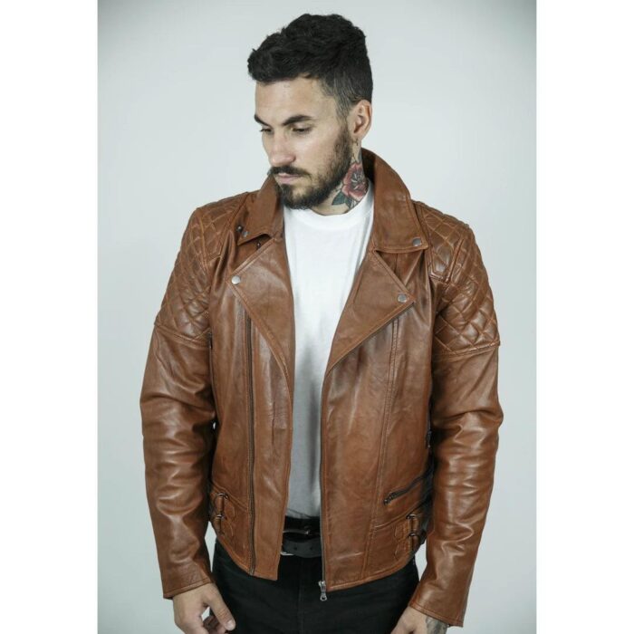 Mens Slim Fit Cross Zip Retro Vintage Brown Biker Punk Rock Real Leather Jacket - Knighthood Store