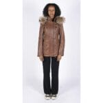 Womens Real Leather Parka Jacket 3/4 Fur Hood Zipped Brown Tan Grey Tailored Fit - Knighthood Store
