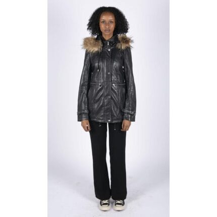 Damen-Parka aus echtem Leder, abnehmbare 3/4-Kapuze, Pelzknopfabdeckung, Reißverschluss – Knighthood Store