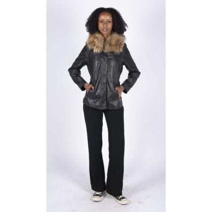 Womens Real Leather Short Parka Jacket Coat Fur Hood Zipped Brown Tan Black - Knighthood Store