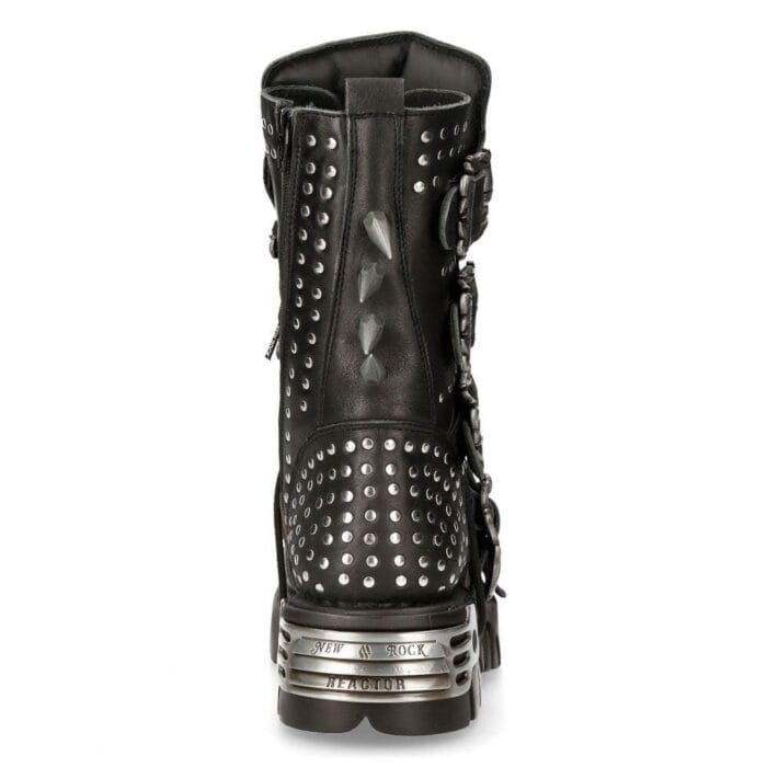 New Rock 1535-S1 Schwarze Militärstiefel aus Leder mit Metallspikes und Schnallen, Punk, EMO - Knighthood Store