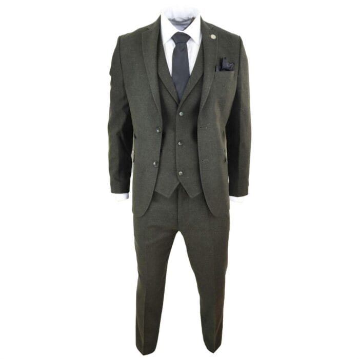 Abito da uomo in lana 3 pezzi, tweed, verde oliva e nero, vestibilità classica su misura - Knighthood Store