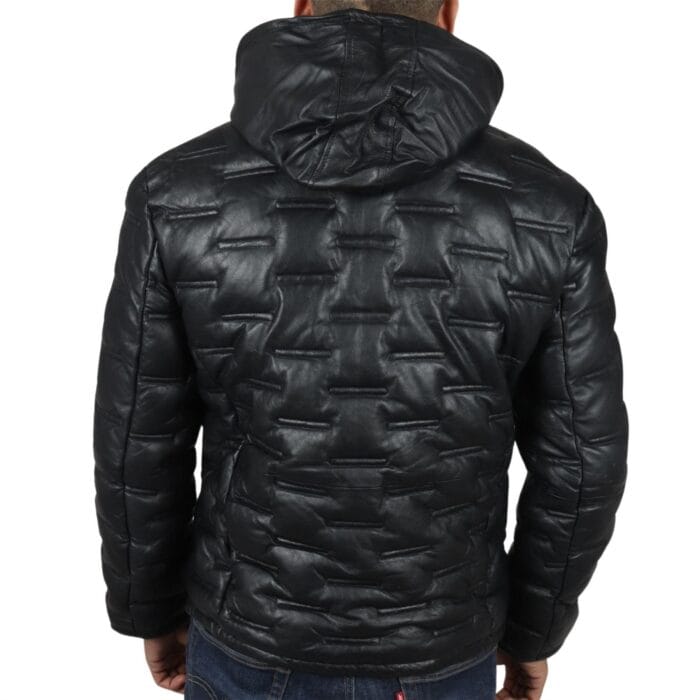 Men's Puffer Quilted Real Leather Jacket Hooded Casual - Knighthood Store