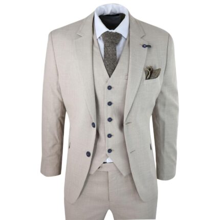 Mens 3 Piece Suit Linen Beige Cream 2 Button Tailored Fit Classic Retro - Knighthood Store