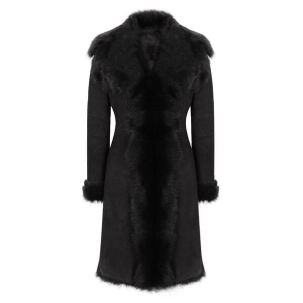 Abrigo de piel de oveja Toscana auténtica de ante negro de lujo, largo 3/4, para mujer, corte entallado - Knighthood Store