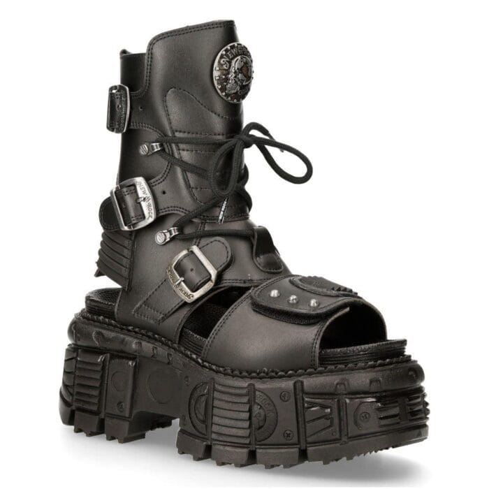 New Rock Boots BIOS107-V1 Schwarze Vegane Leder Unisex Plateau Sandale Biker Goth - Knighthood Store