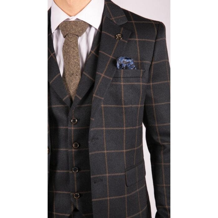 Mens Blue 3 Piece Suit Tan Check Classic Wedding Prom Peaky Tweed Vintage - Knighthood Store