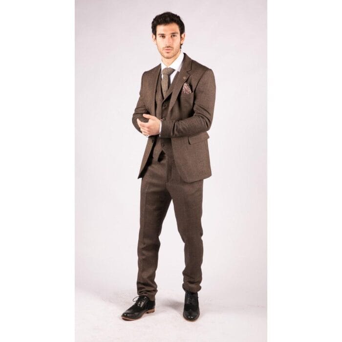 Abito da uomo a spina di pesce in tweed, 3 pezzi, marrone, classico, vintage, su misura, con paraocchi - Knighthood Store