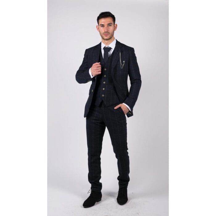 Mens Navy Check 3 Piece Suit Wool Tweed Classic 1920s Vintage Tailored Fit Wedding - Knighthood Store