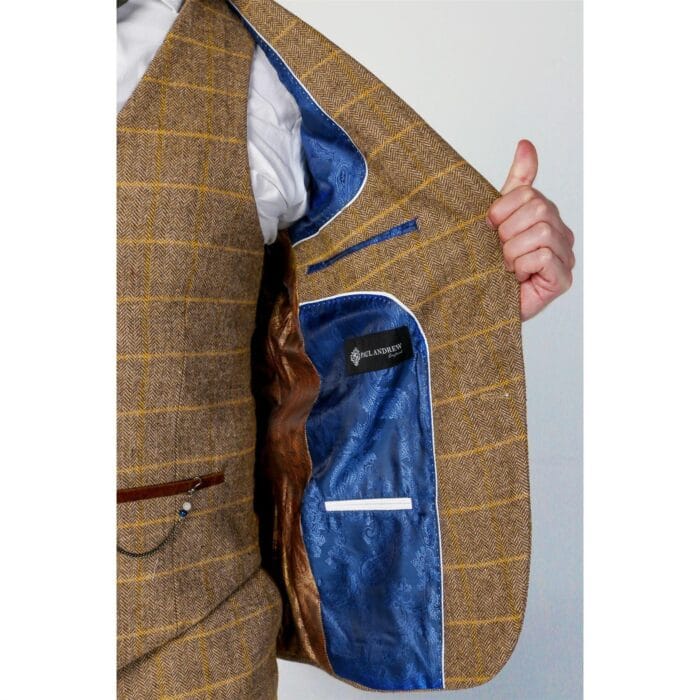 Traje formal de tweed marrón de espiga para hombre, de 3 piezas, en mezcla de lana - Knighthood Store