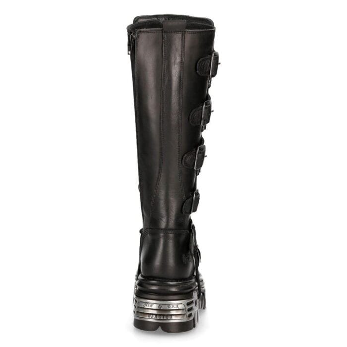 New Rock 272 Metallic Schwarz Goth Kniehohe Stiefel mit Reißverschluss und Schnalle aus Leder Punk Emo - Knighthood Store