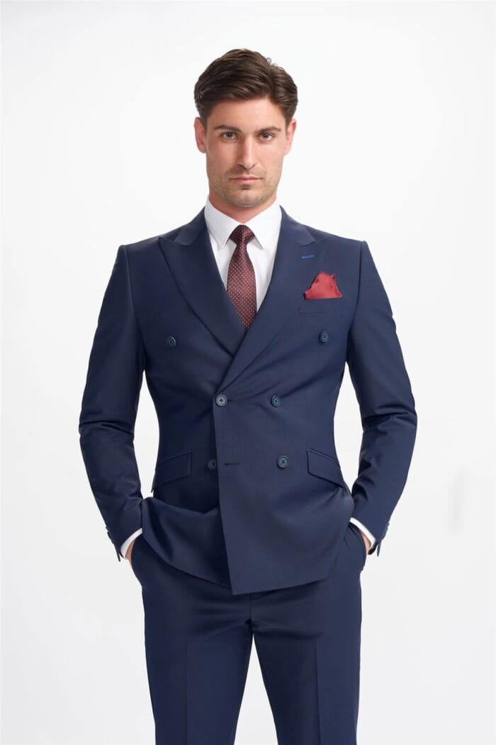 Men's Suit Navy Blue 2 Piece Double Breasted Tailored Fit Formal Wedding Dress - Image 2
