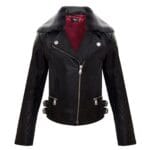 Chaqueta de motociclista de cuero auténtico para niñas y niños, con cremallera cruzada y cuello de piel negra, de 1 a 13 años - Knighthood Store