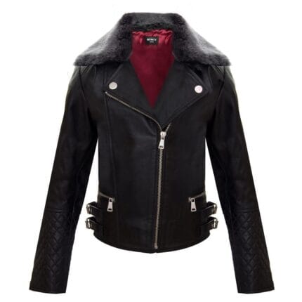 Girls Kids Real leather Biker Style Jacket Cross Zip Black Fur Collar Age 1 - 13 - Knighthood Store