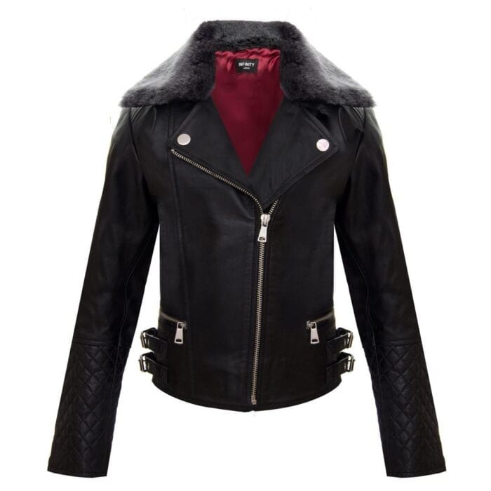 Chaqueta de motociclista de cuero auténtico para niñas y niños, con cremallera cruzada y cuello de piel negra, de 1 a 13 años - Knighthood Store