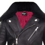 Veste motard en cuir véritable pour garçon, avec fermeture éclair croisée Brando et col en fourrure noire - Knighthood Store