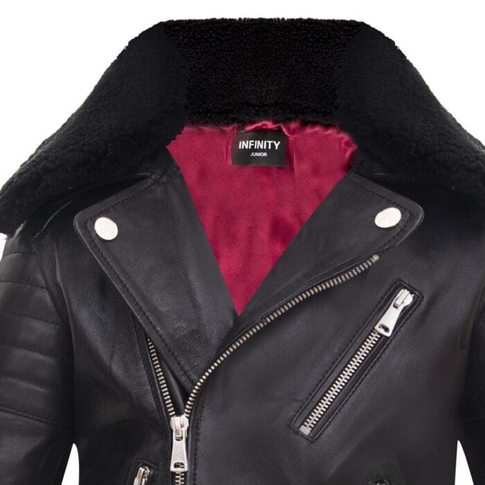 Chaqueta motera de cuero auténtico para niños, estilo motero, con cremallera cruzada Brando, cuello de piel negra - Knighthood Store