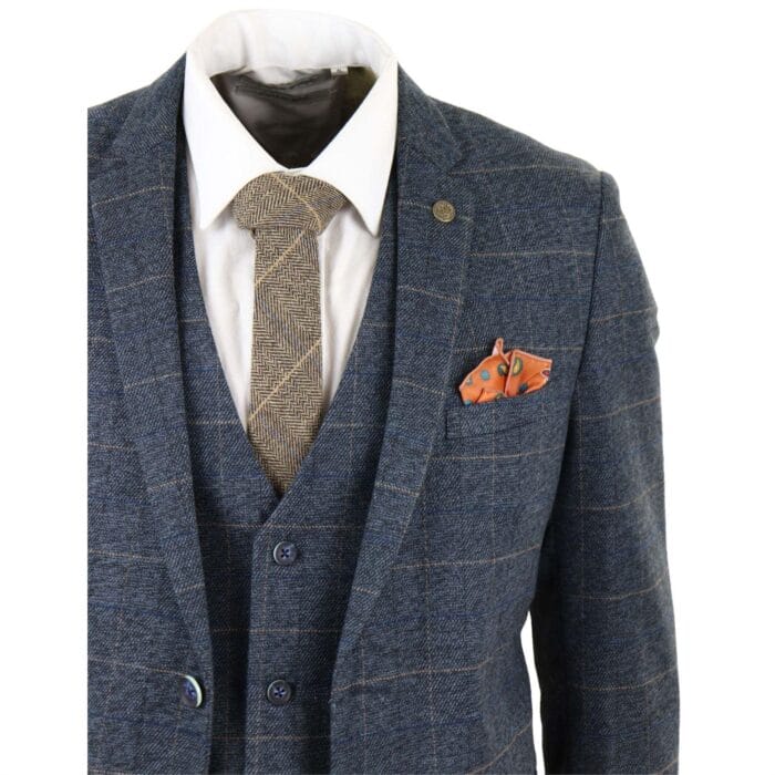 Abito da uomo a tre pezzi a quadri blu, in tweed a spina di pesce, vestibilità vintage, su misura, in velluto grigio - Knighthood Store