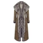 Ladies Suede Toscana Full Length Hooded Taupe Sheepskin Leather Trench Coat - Knighthood Store