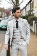 Costume 3 pièces en tweed à carreaux gris pierre pour homme, coupe ajustée, bordure marron, pour mariage, bal de promo - Knighthood Store