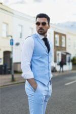 Mens Summer Suit Waistcoat Trousers Linen Smart Formal Baby Blue Wedding - Knighthood Store