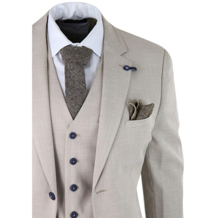 Abito da uomo 3 pezzi in lino beige crema, 2 bottoni, vestibilità su misura, stile classico retrò - Knighthood Store