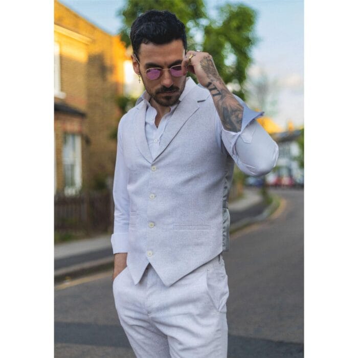 Mens Summer Suit Waistcoat Trousers Linen Smart Formal Light Grey Wedding - Knighthood Store