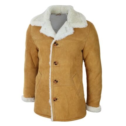 Cappotto 3/4 da uomo in vera pelle di pecora, classico, marrone chiaro, cammello, pelliccia color crema - Knighthood Store
