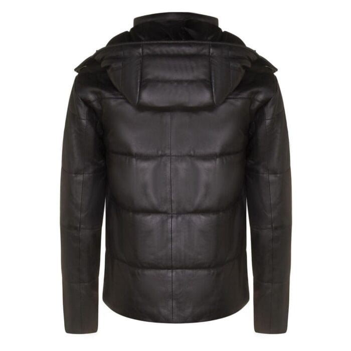 Mens Puffer Hood Jacket Real Leather Black Brown Casual Retro 80s Classic Casual - Knighthood Store