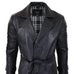Mens Black 3/4 Mac Long Real Leather Classic Belted Punk Jacket Coat Vintage 80s - Knighthood Store