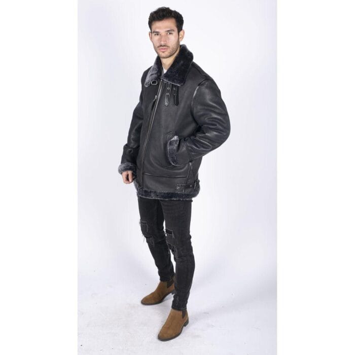 Mens Genuine Sheepskin Leather B3 Flying Aviator Jacket Black Grey Fur - Knighthood Store