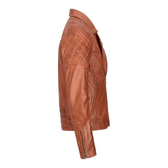 Mens Vintage Washed Tan Brown Real Leather Biker Jacket Cross Zip Retro Casual - Knighthood Store