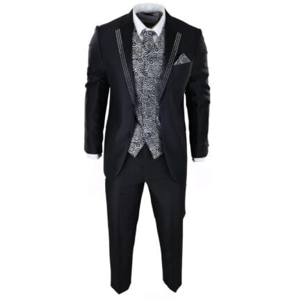 Herrenanzug, 3-teilig, schwarz, mit silberner Krawatte und Weste, für die Hochzeit des Bräutigams und Trauzeugen - Knighthood Store