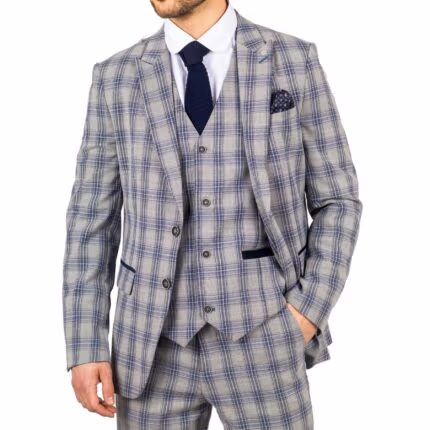 Men's Blazer Grey Blue Checked Classic Sport Coat Plaid Tailored Fit - Knighthood Store