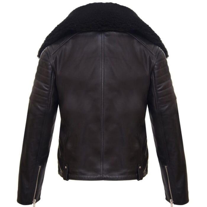 Chaqueta motera de cuero auténtico para niños, estilo motero, con cremallera cruzada Brando, cuello de piel negra - Knighthood Store