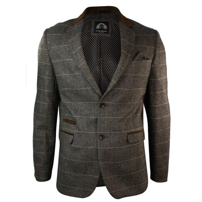 Giacca blazer aderente in tweed a spina di pesce vintage a quadri da uomo, marrone chiaro - Knighthood Store