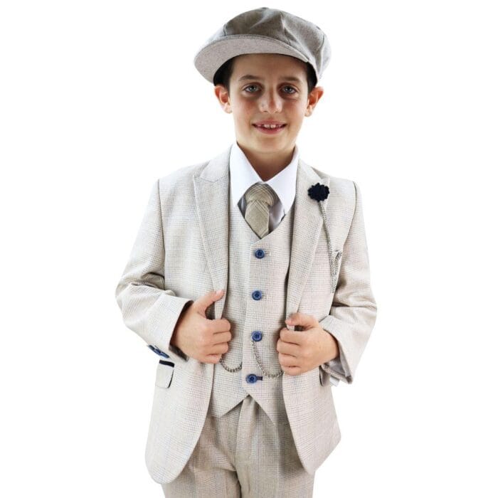 Completo da ragazzo 3 pezzi in tweed crema nero su misura, classico, con paraocchi - Knighthood Store