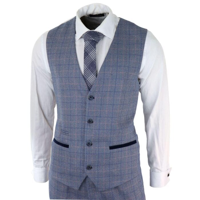 Mens 3 Piece Suit Sky Blue Check Wool Feel Marc Darcy Tailored Fit Wedding Prom Harry - Knighthood Store