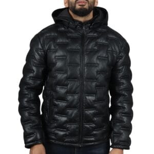 Men's Puffer Quilted Real Leather Jacket Hooded Casual - Knighthood Store