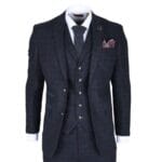 Costume homme 3 pièces en laine mélangée bleu marine à carreaux et chevrons en tweed, coupe cintrée, tenue habillée - Knighthood Store