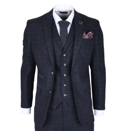 Men's Suit Wool Blend 3 Piece Navy Blue Herringbone Check Tweed Slim Fit Formal Dress - Knighthood Store