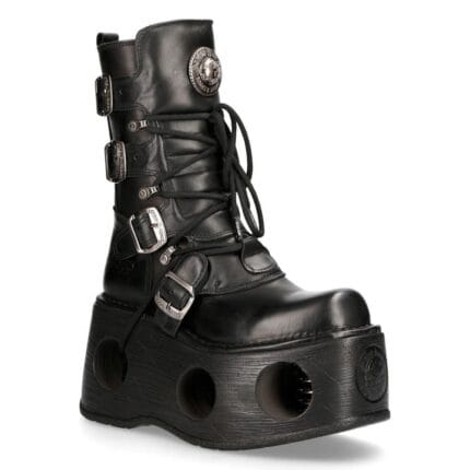New Rock 373-S2 Metallic Schwarzes Leder Neptuno Plateau Gothic Stiefel Schnalle - Knighthood Store