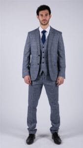 Mens Blue 3 Piece Suit Vintage Navy Tan Check Tailored Fit Classic Gatsby 1920s - Knighthood Store